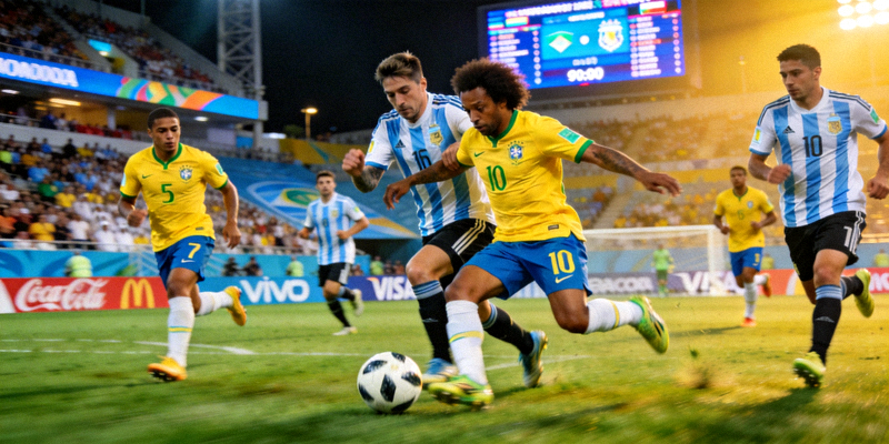 巴西与阿根廷足球队激烈对抗的比赛现场高清图片