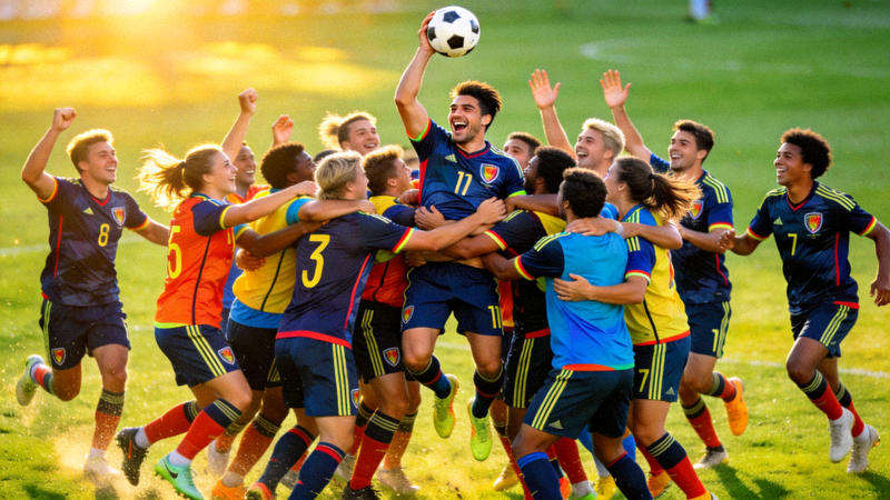 世界杯比赛中球员们激动庆祝进球的团队欢乐时刻